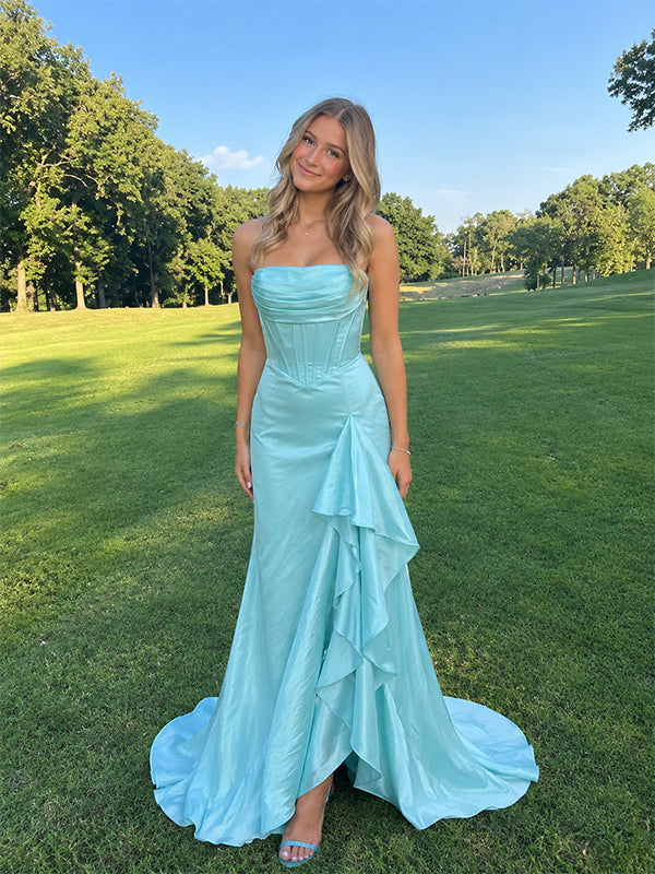 Elegant Yellow Strapless Ruffles Corset Prom Dress with Slit, PD382266