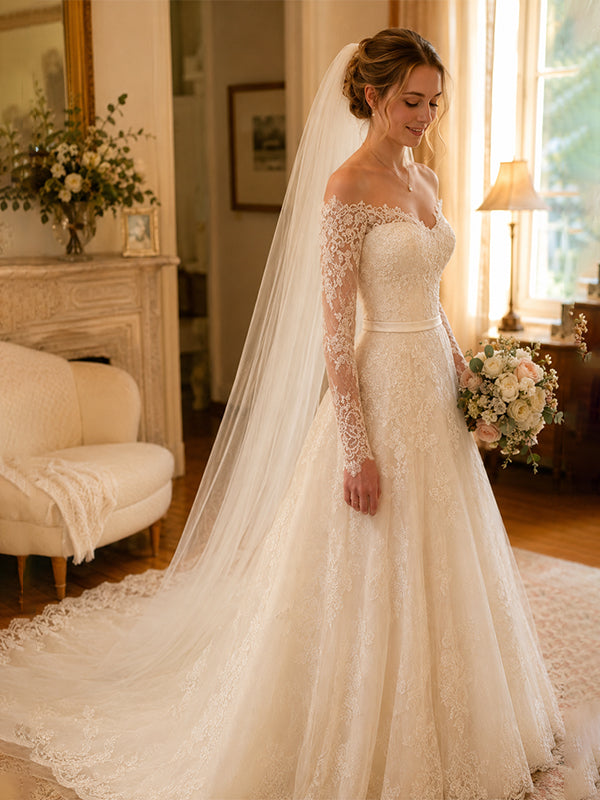 Elegant Long Sleeves Off Shoulder A-Line Lace Wedding Dresses, WD0220