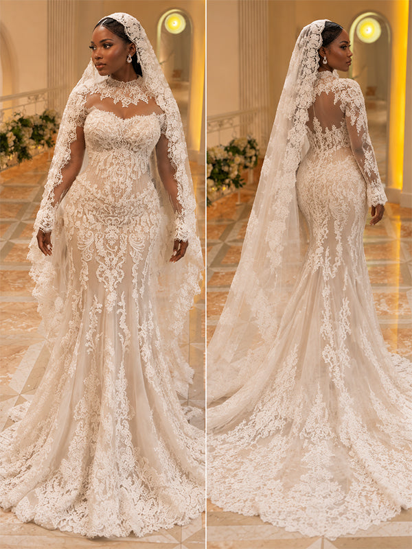 Gorgeous Illusion Neck Long Sleeves Lace Mermaid Wedding Dress, WD32237