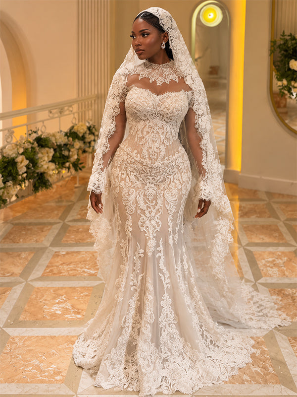 Gorgeous Illusion Neck Long Sleeves Lace Mermaid Wedding Dress, WD32237