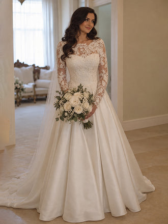 Gorgeous Ivory Lace Long Sleeves A-line Satin Wedding Dress, WD0043