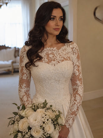 Gorgeous Ivory Lace Long Sleeves A-line Satin Wedding Dress, WD0043