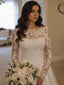 Gorgeous Ivory Lace Long Sleeves A-line Satin Wedding Dress, WD0043