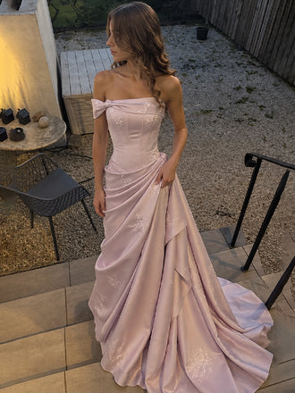 Elegant Dusty Pink Off Shoulder Corset A-line Prom Dress with Floral Embroidery, Evening Dress, PD28231270