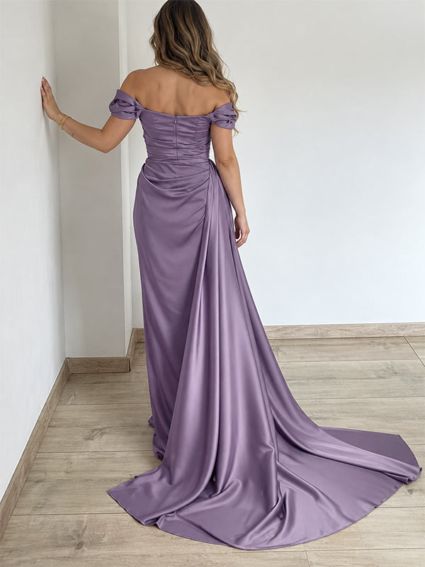 Elegant Purple Off the Shoulder A-line Long Prom Dress with Drape, PD38001