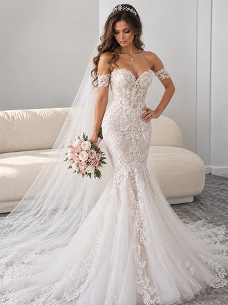 Gorgeous Off Shoulder Lace Appliques Mermaid Tulle Wedding Dress, AB0220
