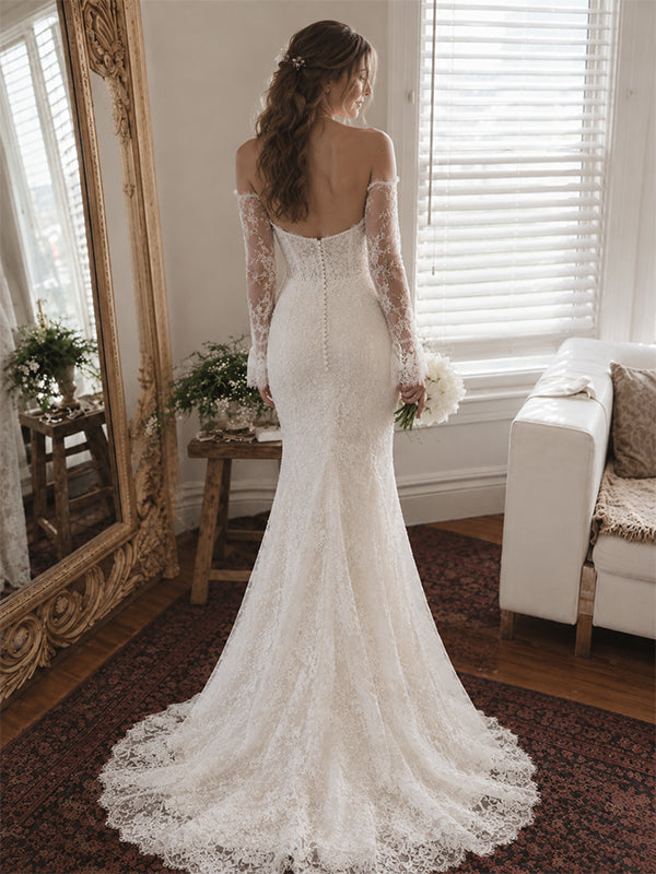 Romantic Long Sleeves Off Shoulder Lace Mermaid Wedding Dress, WD32233