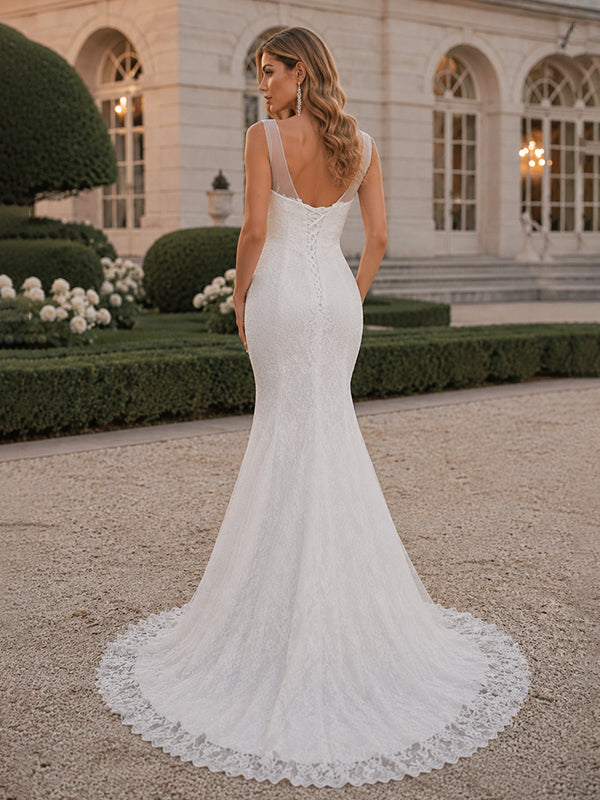 Elegant Sleeveless Mermaid Lace Up Popular  Lace Wedding Dresses, WD0142