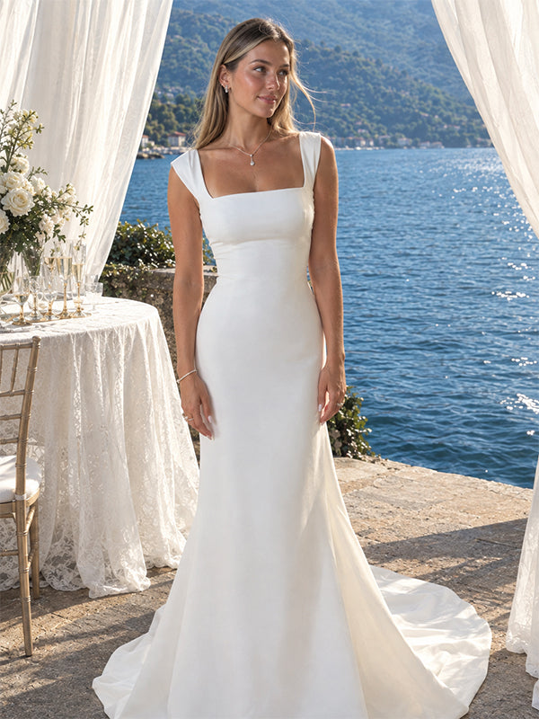 Elegant Square Mermaid Wedding Dress with Cap Sleeves, PD37962