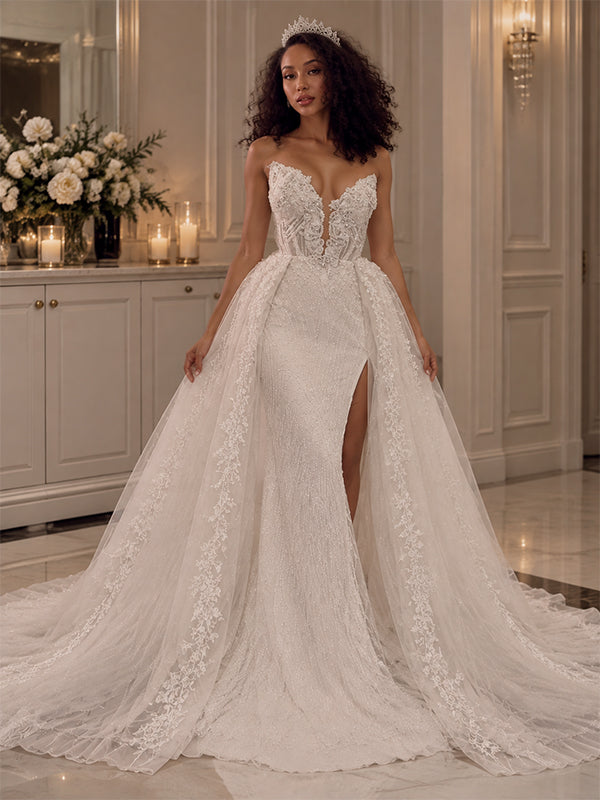 Gorgeous Ivory Beaded Strapless Side Slit Mermaid Wedding Dress, WD32235
