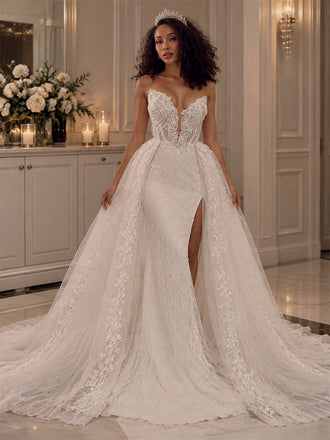 Gorgeous Ivory Beaded Strapless Side Slit Mermaid Wedding Dress, WD32235
