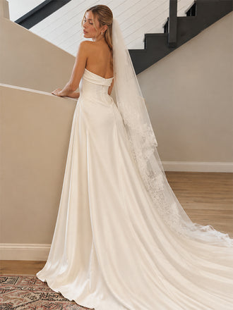 Vintage Minimalist Ivory Satin Strapless Corset Wedding Dress, WD3119