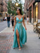 Sexy Turquoise Green Cut Out  A-line Evening Dress with Slit, PD2823089