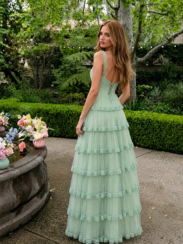 Elegant Green A-line Tiered Tulle Prom Dress, Evening Dress, PD2823090