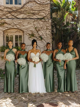Mismatched Green Satin Maxi Bridesmaid Dress, PD2823083