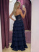 Sparkly Navy Blue Strapless Lace A-line Ruffled Tiered Ball Gown, PD2823104