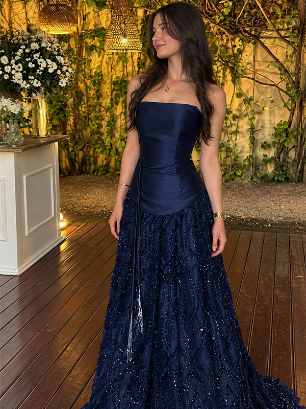 Sparkly Navy Blue Sequin Strapless A-line Prom Dress, Evening Dress, PD28231285