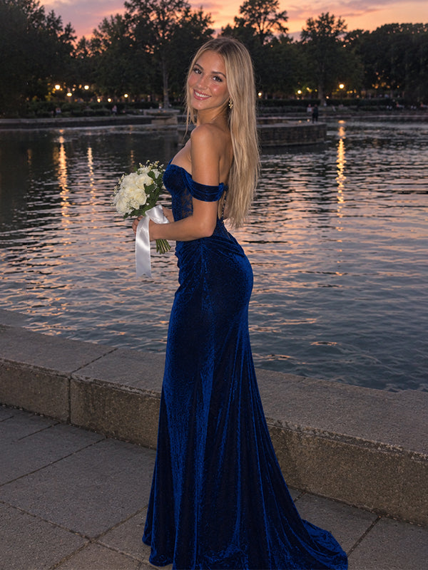 Elegant Navy Blue Velvet Lace Off Shoulder Mermaid Prom Dress, Evening Dress, PD28231245