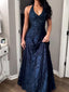 Vintage Navy Blue  Lace Beadings Halter A-line Prom Dress, Evening Gown, PD2823105