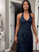 Vintage Navy Blue  Lace Beadings Halter A-line Prom Dress, Evening Gown, PD2823105