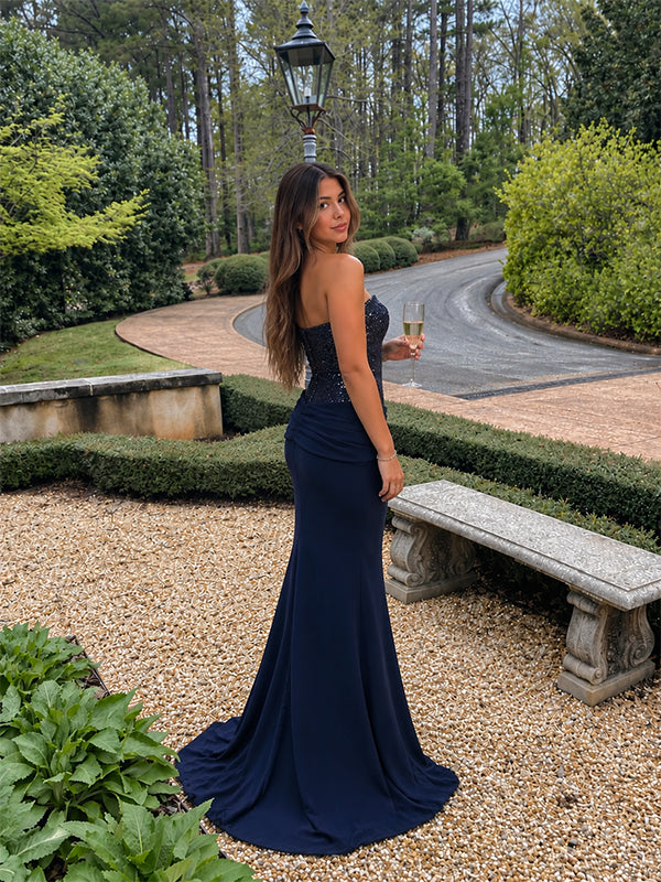 Elegant Navy Blue Sequin Strapless Mermaid Evening Dress, Prom Dress, PD28231276