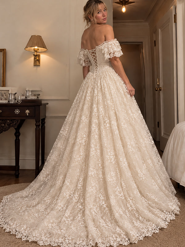 Gorgeous Off Shoulder Corset A-line Lace Wedding Dress, WD32250