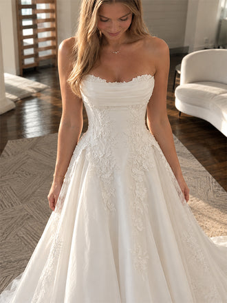 Elegant Strapless Lace Appliques A-line Satin Wedding Dress, WD32239