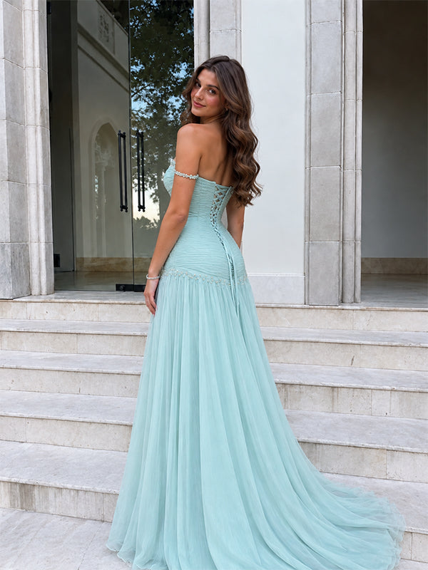 Elegant Blue Beaded Off Shoulder A-line Long Prom Dress, Evening Dress, PD3823009