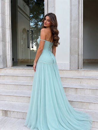 Elegant Blue Beaded Off Shoulder A-line Long Prom Dress, Evening Dress, PD3823009