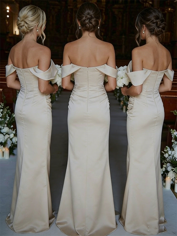 Elegant Champagne Off-shoulder Long Bridesmaid Prom Dress,PD3203