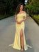 Elegant Yellow Satin Off the Shoulder Pleated Mermaid Evening Gown, Prom Dress, PD2823110
