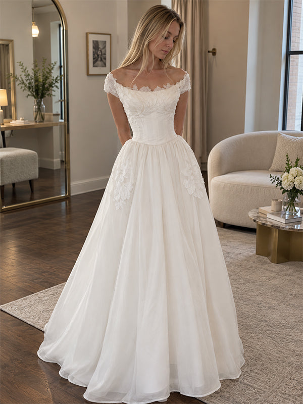 Elegant 3D Floral Off Shoulder A-line Wedding Dress, WD32234