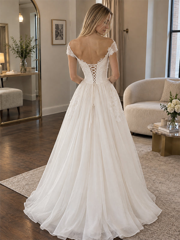 Elegant 3D Floral Off Shoulder A-line Wedding Dress, WD32234