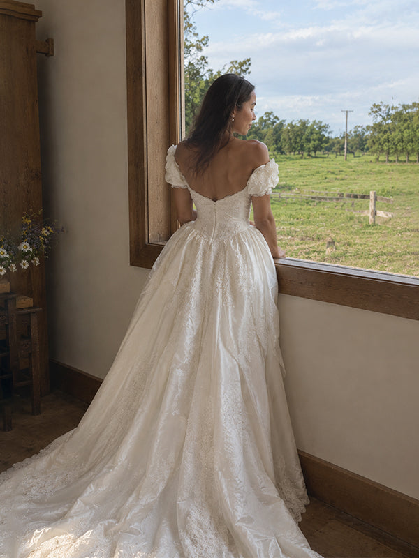 Gorgeous Ivory Beaded Off Shoulder A-line Lace Wedding Dress, WD32251