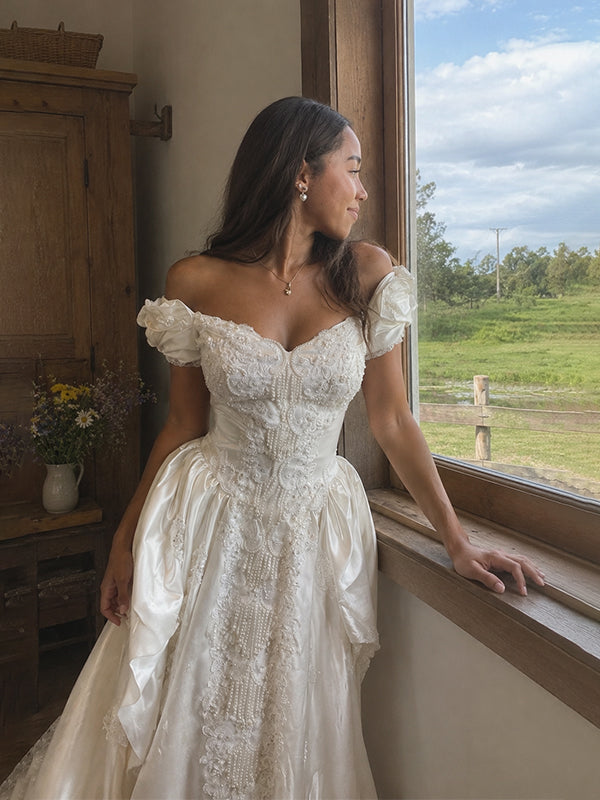 Gorgeous Ivory Beaded Off Shoulder A-line Lace Wedding Dress, WD32251