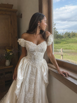 Gorgeous Ivory Beaded Off Shoulder A-line Lace Wedding Dress, WD32251