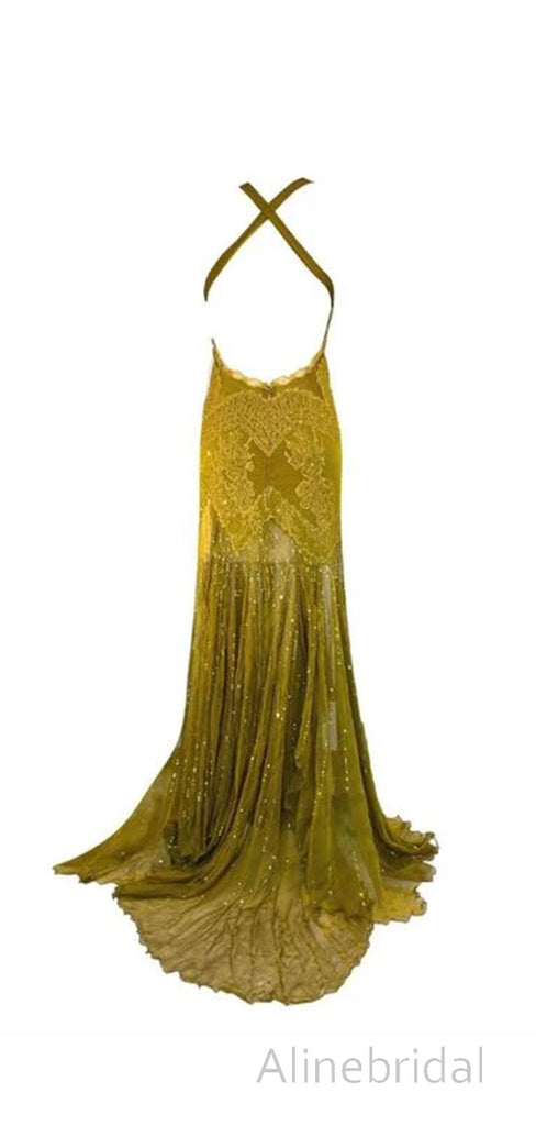 Vintage Olive Green Backless Tulle Long Prom Dress, Criss-Cross Evening Dress, PD3822999