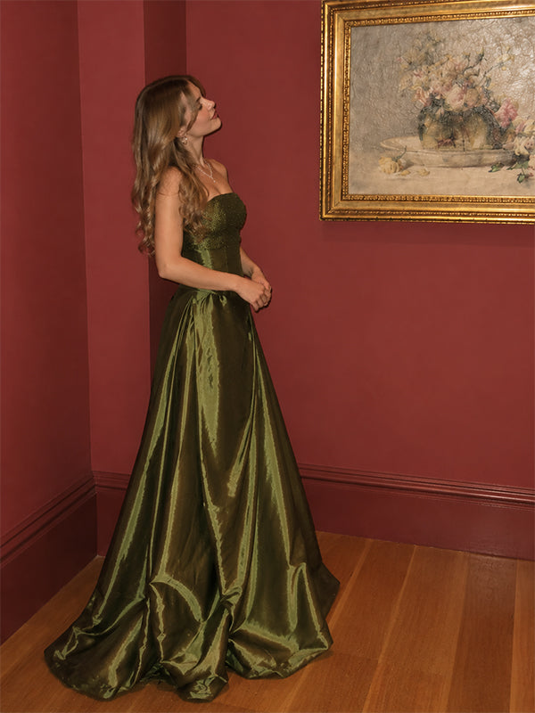 Elegant Olive Green Strapless Beaded Taffeta A-line Evening Dress, Prom Dress, PD28231280