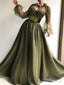 Elegant Olive Green Long Sleeve A-ling Long Prom Dress, High Neck Tulle Evening Dress, PD3822988