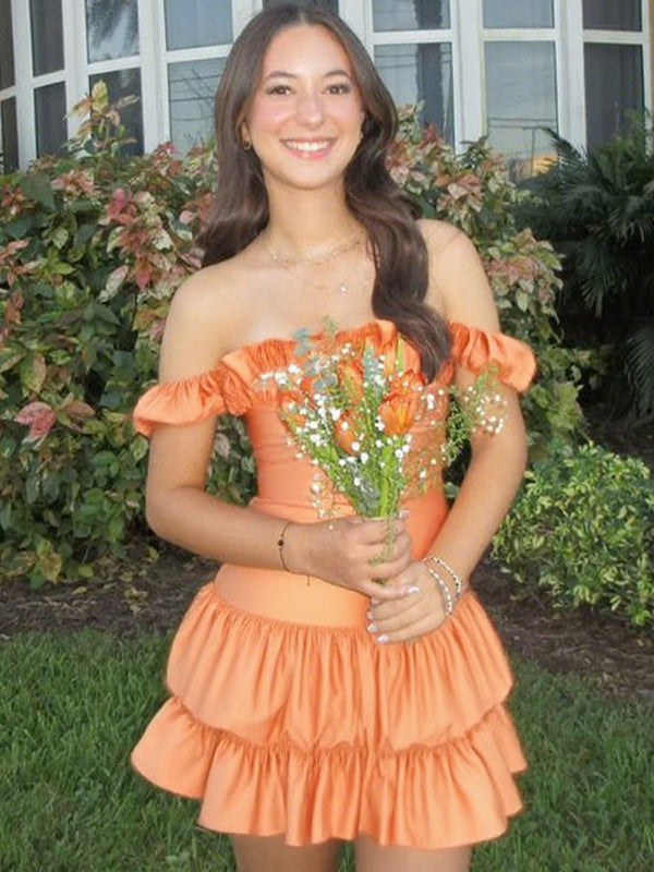 Elegant Off the Shoulder Sleeveless Ruffle Orange Short Homecoming Dress, Mini Skirt, HC382274