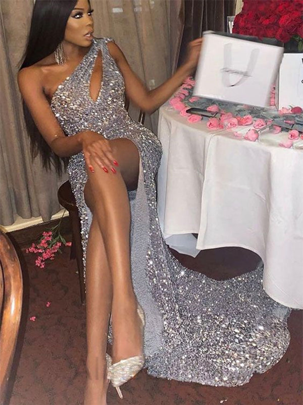 Sparkly One Shoulder Sleeveless Side Slit Mermaid Floor Length Prom Dress, PD3660