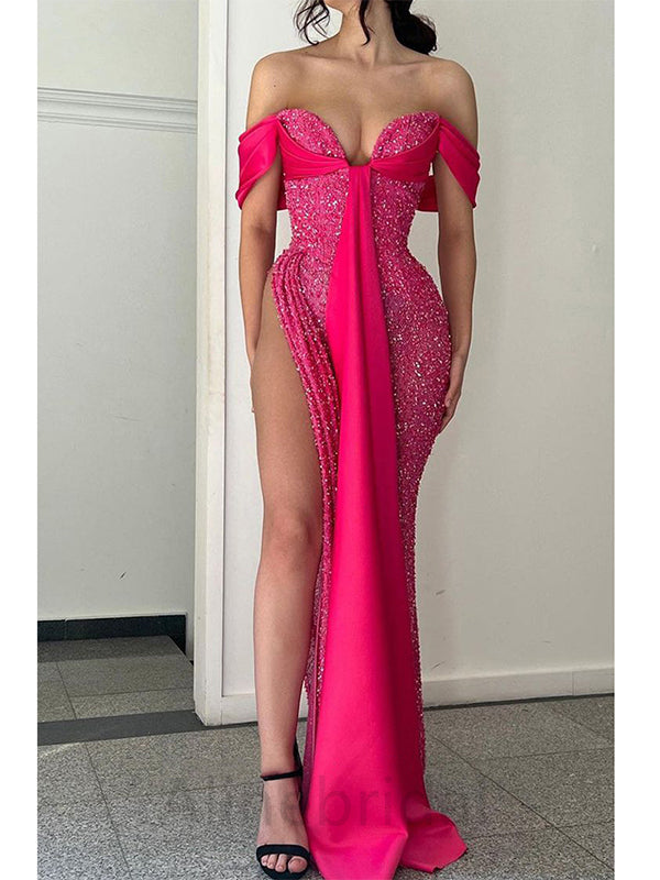Sparkly Off Shoulder Sleeveless Side Slit Mermaid Floor Length Prom Dress, PD3675