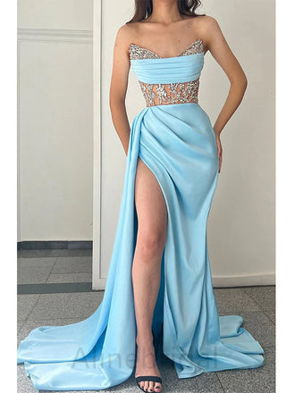 Sexy Blue V-neck  Side Slit Mermaid Floor Length Prom Dress, PD3640