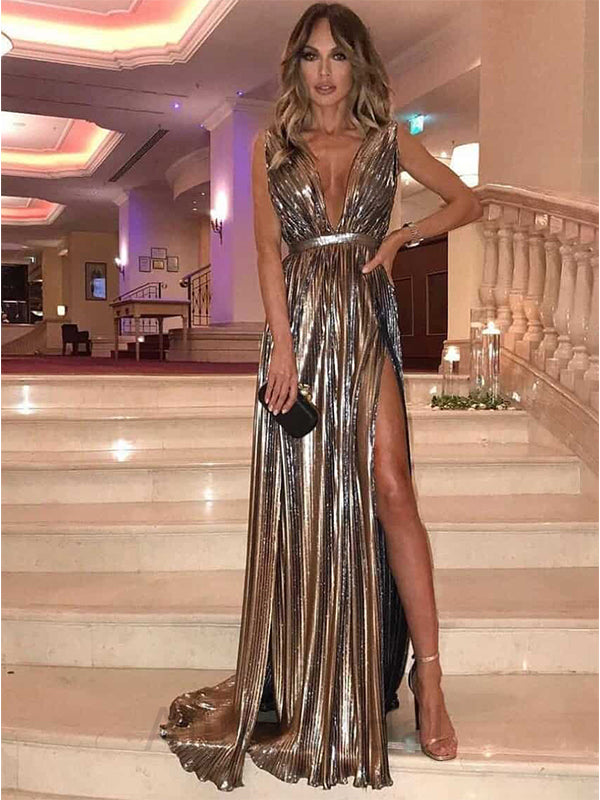 Sexy V-neck Sleeveless Side Slit A-line Floor Length Prom Dress, PD3666