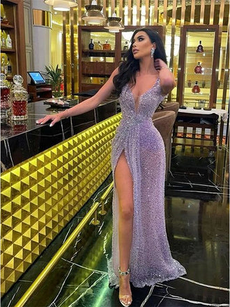 Sexy Purple V-neck Sleeveless Side Slit Mermaid Floor Length Prom Dress, PD3679