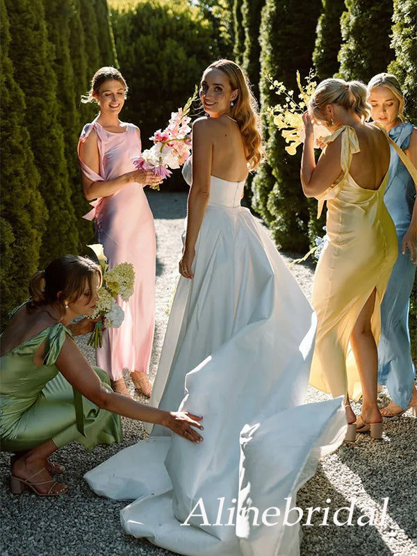 Multi-Color Mismatched Satin Bridesmaid Dress with Back Slit, PD382982