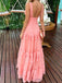 Elegant Pink V-neck Long Tiered Ruffle Prom Dress, PD381775