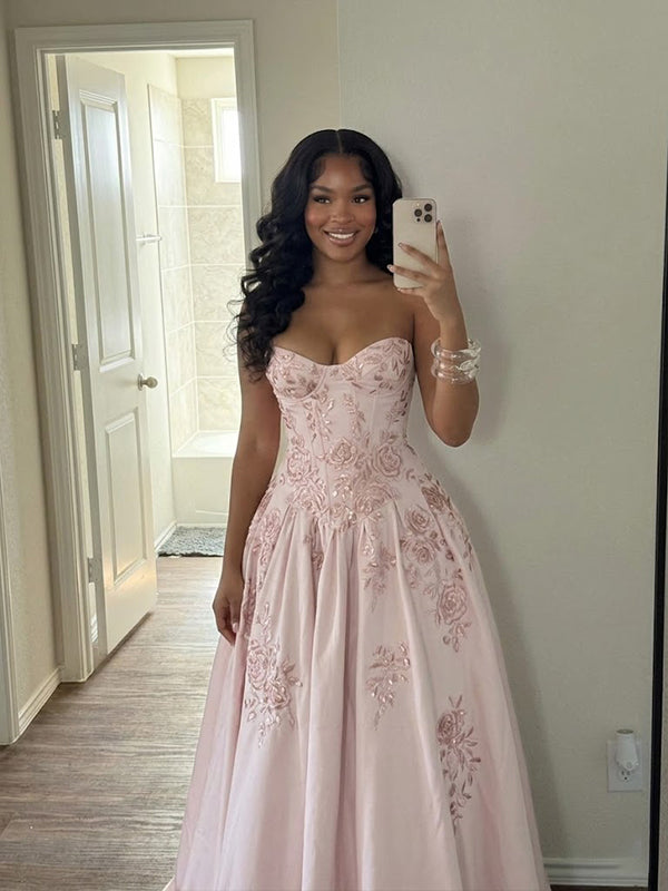 Elegant Pink Floral Lace A-line Satin Evening Dress, Prom Dress, PD28231221