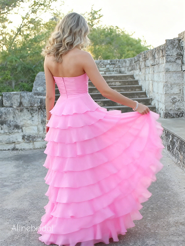 Sweet Strapless Pink Chiffon A-line Tiered Prom Dress, Formal Dress, PD382268