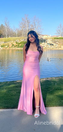Elegant Spaghetti Straps Square High Slit Pink Maxi Long Mermaid Prom Dress，Formal Dress, PD382269